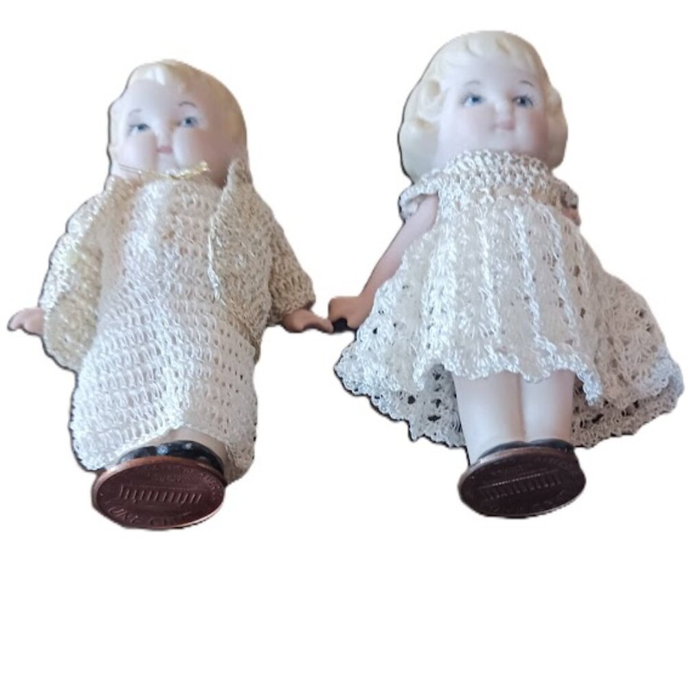 2 Vintage Bisque Jointed Dolls, 3.75", Made in Germany, In Crochet Clothes - Picture 10 of 10